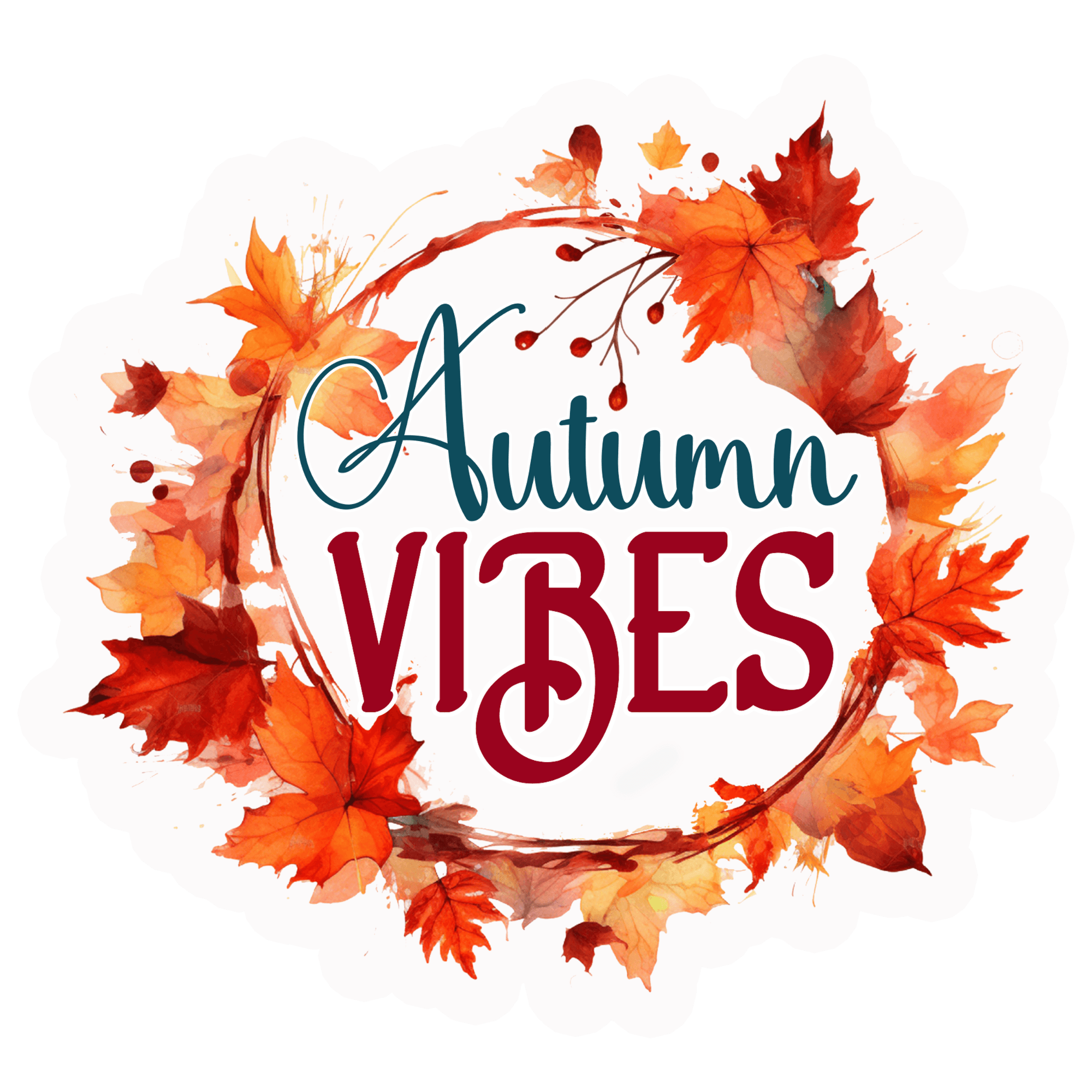 Teal Script & Berry Branch Maple Leaf Circle Sticker