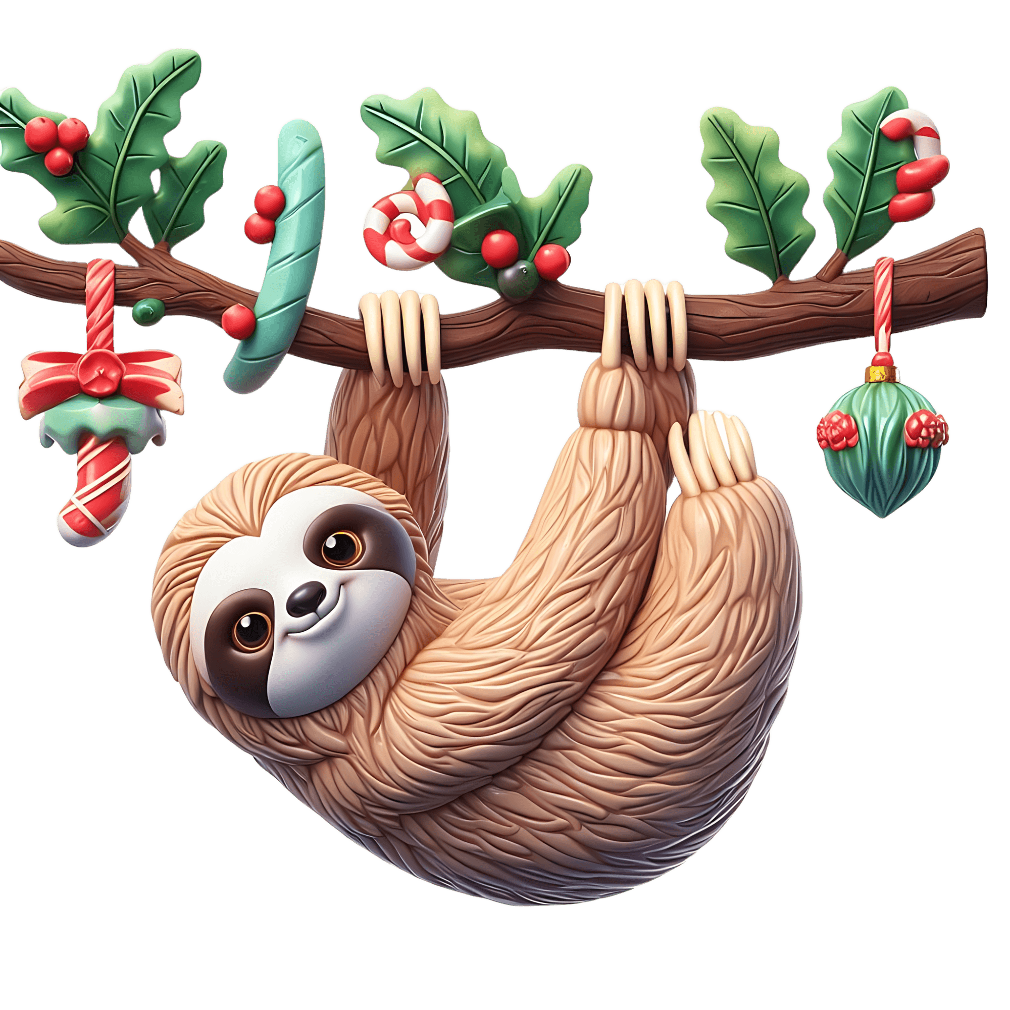 Candy Cane Sloth Dangling from Holly Ornament Branch Sticker