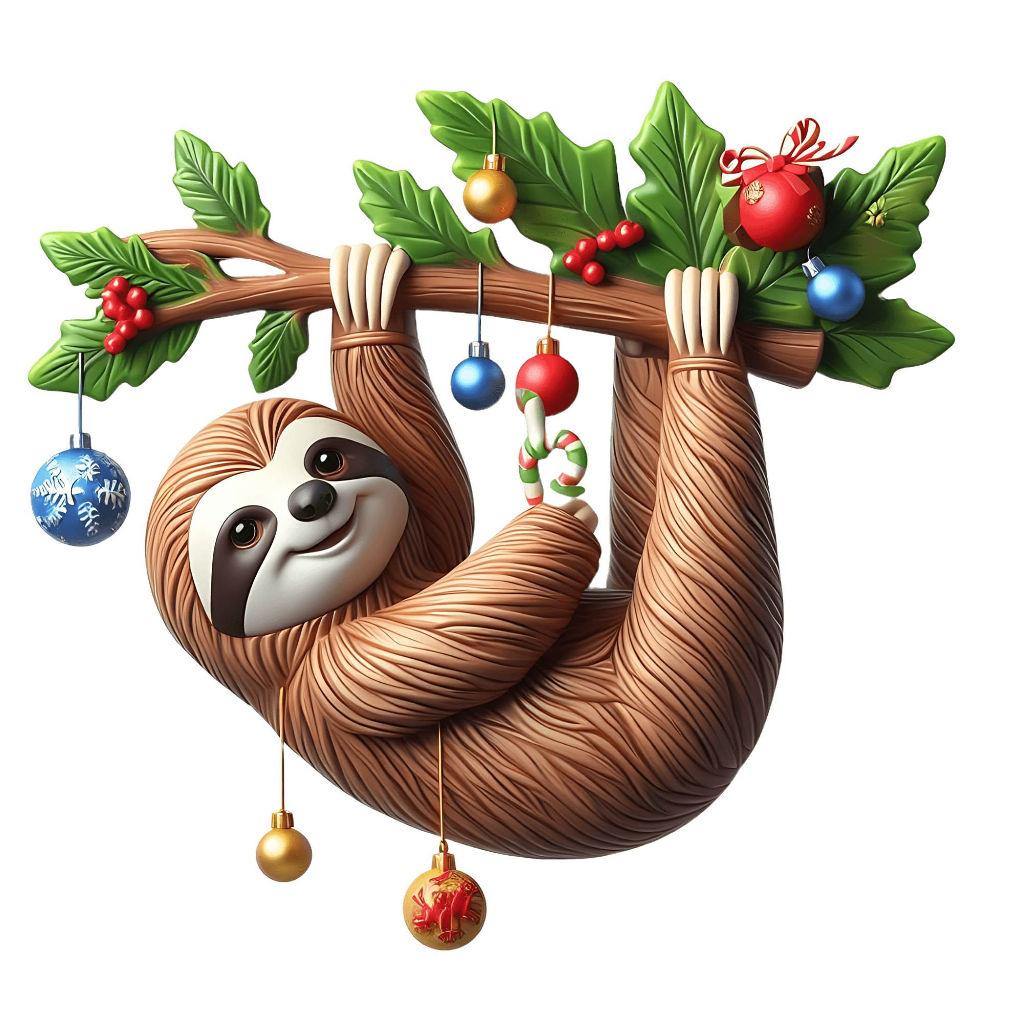 Christmas Sloth Hanging on Holly Branch Sticker