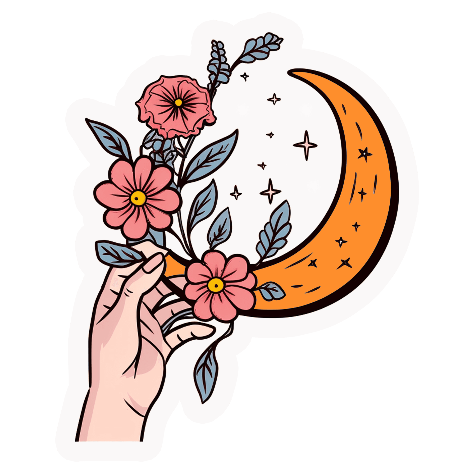 Hand Holding Crescent Moon & Wildflowers Sticker