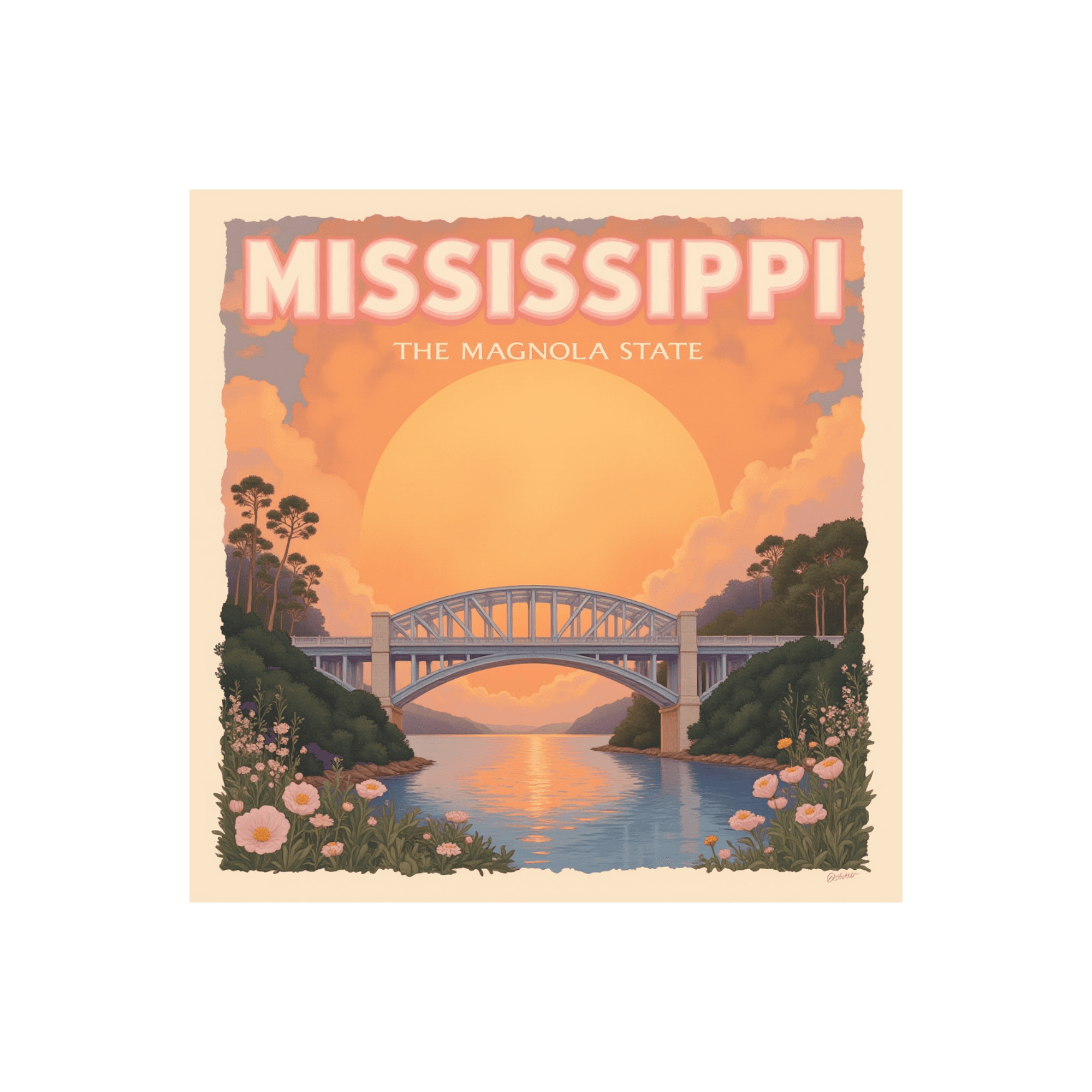 Mississippi Sunset Bridge Vintage Travel Sticker