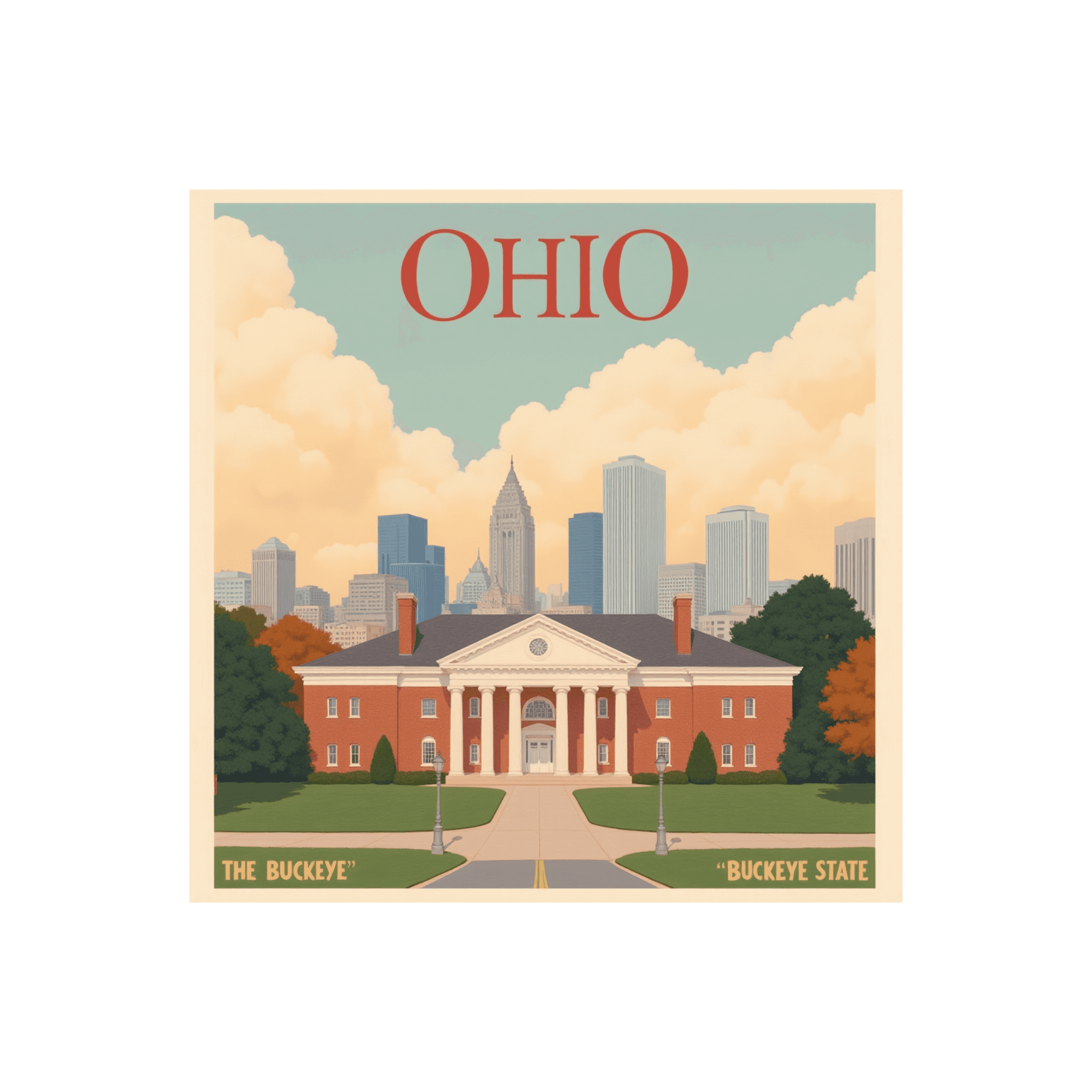 Ohio Red Brick Mansion Skyline Postcard Sticker