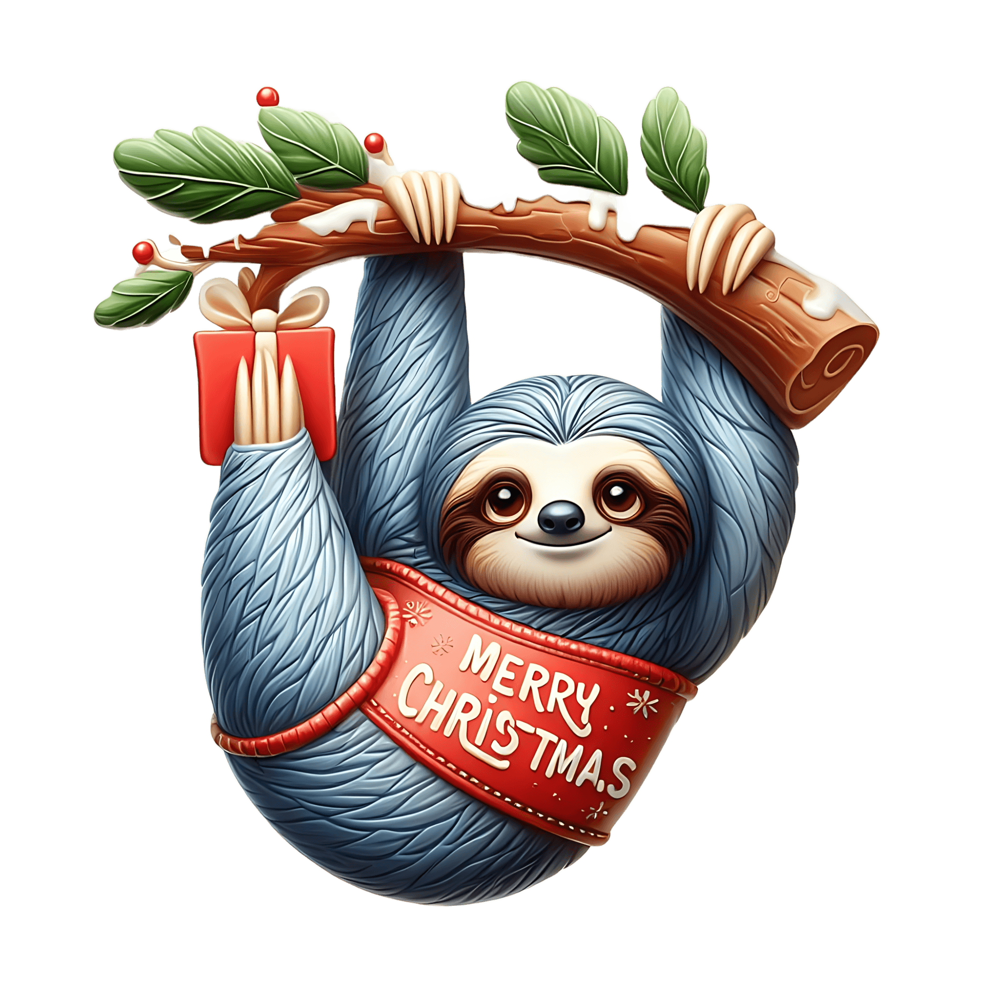 Merry Christmas Sloth Sticker - Holly Branch Hanger