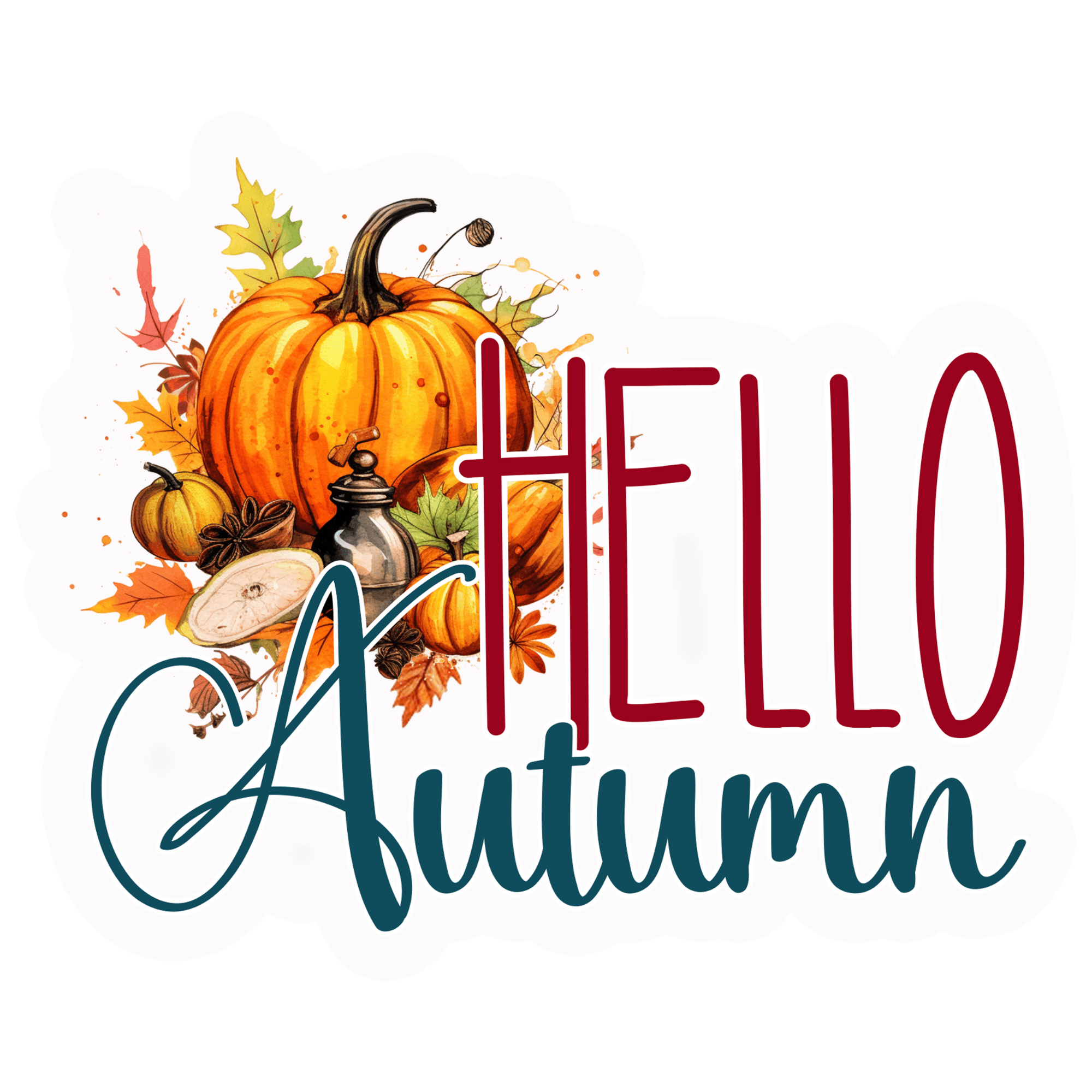 Hello Autumn Pumpkin & Leaves Sticker