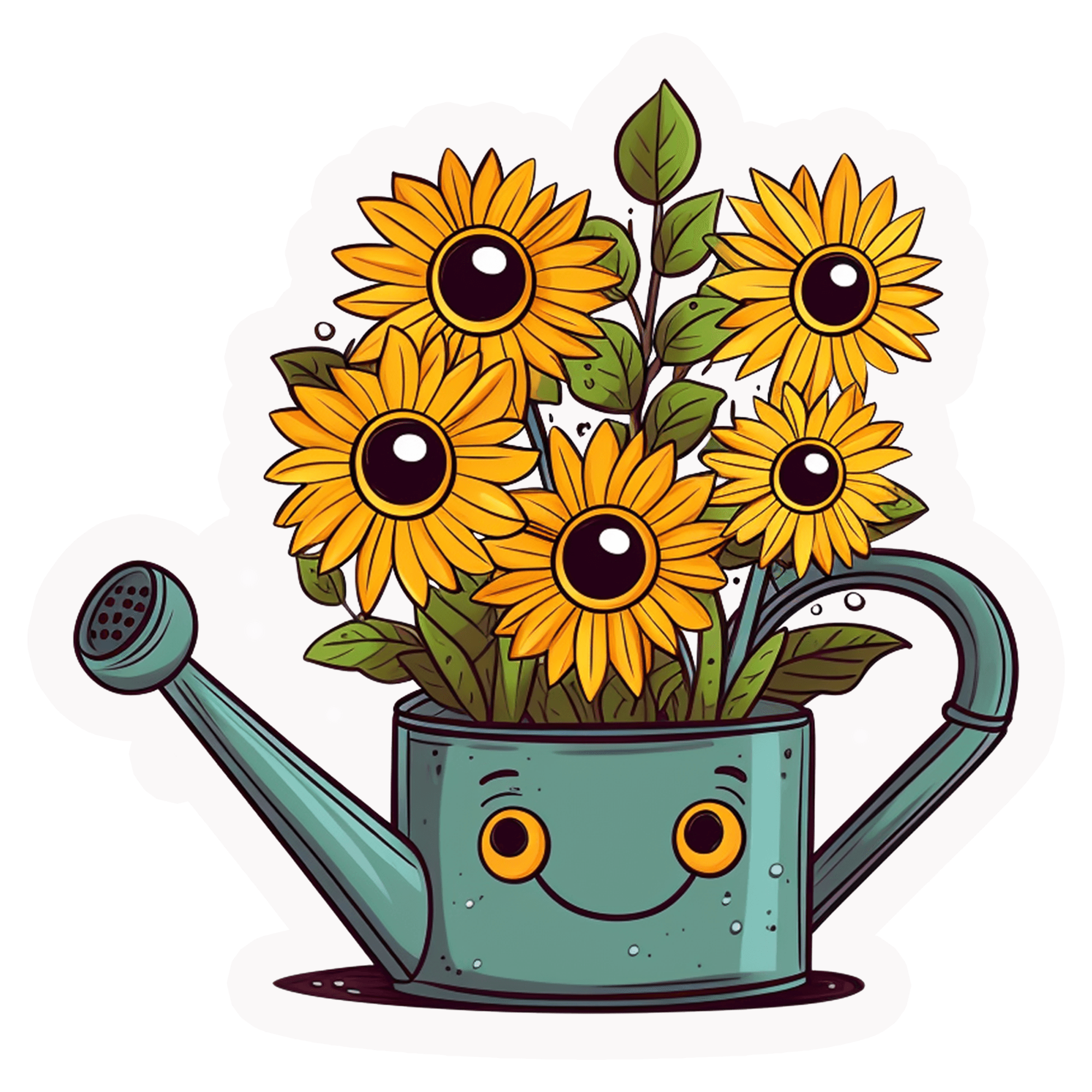 Smiling Watering Can with Googly-Eyed Sunflowers Sticker