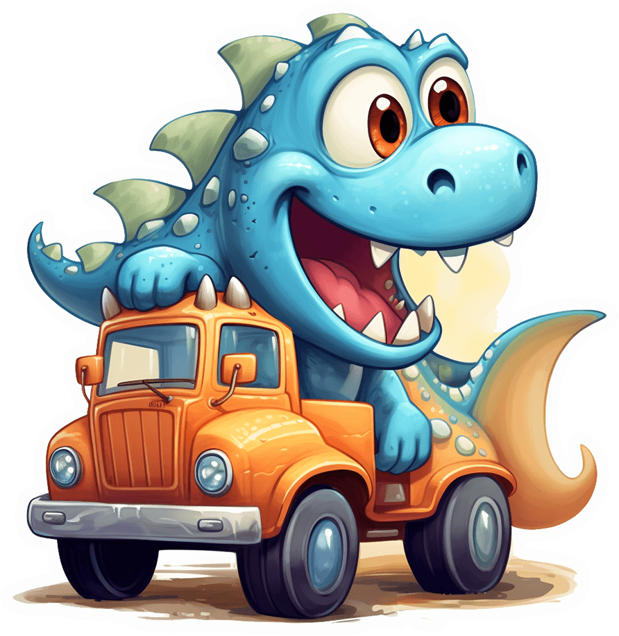 Blue Dino Riding Orange Truck Sticker