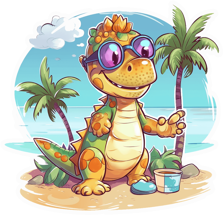 Beach Day Dino Sticker with Sunglasses & Palm Trees