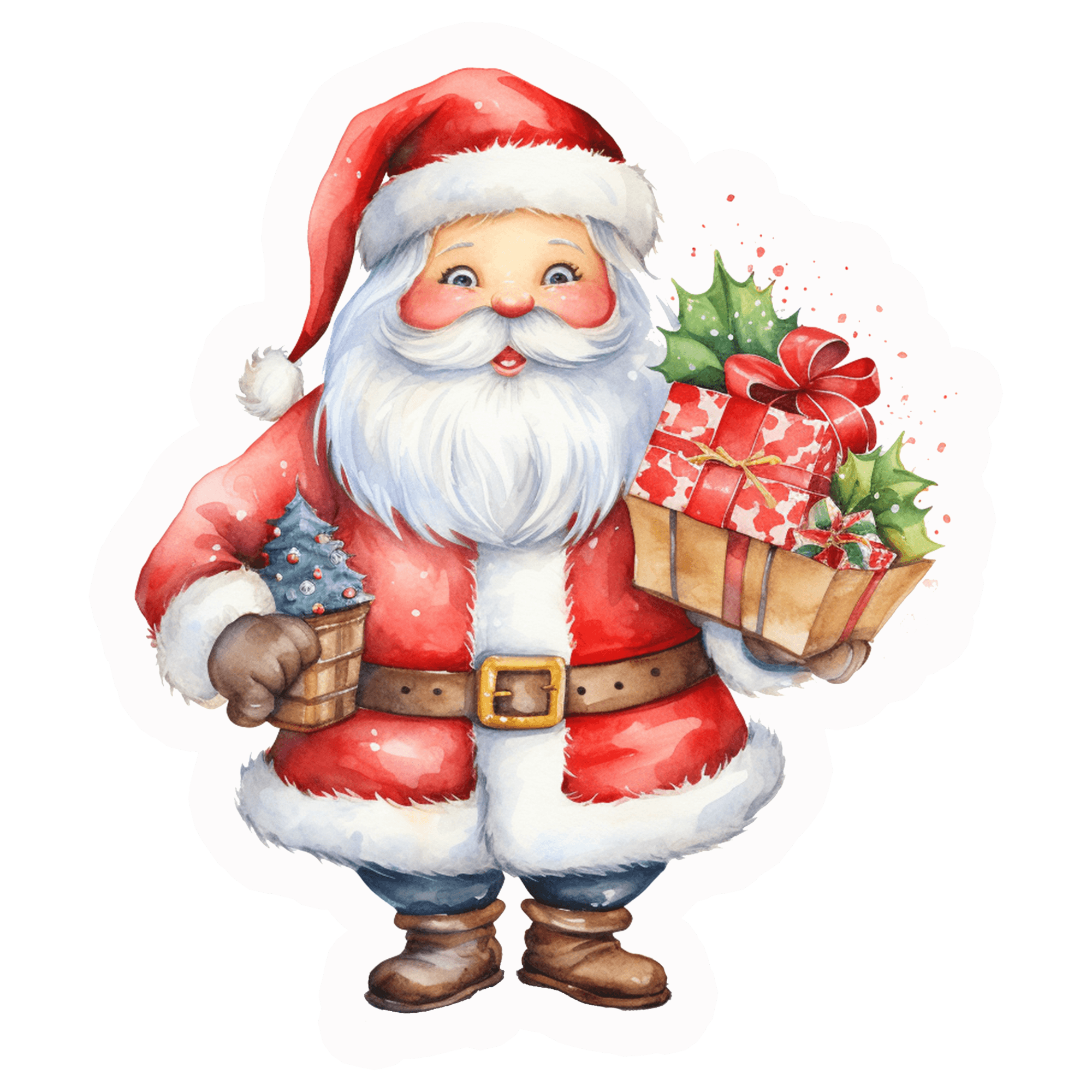 Watercolor Santa with Gifts Die-Cut Sticker