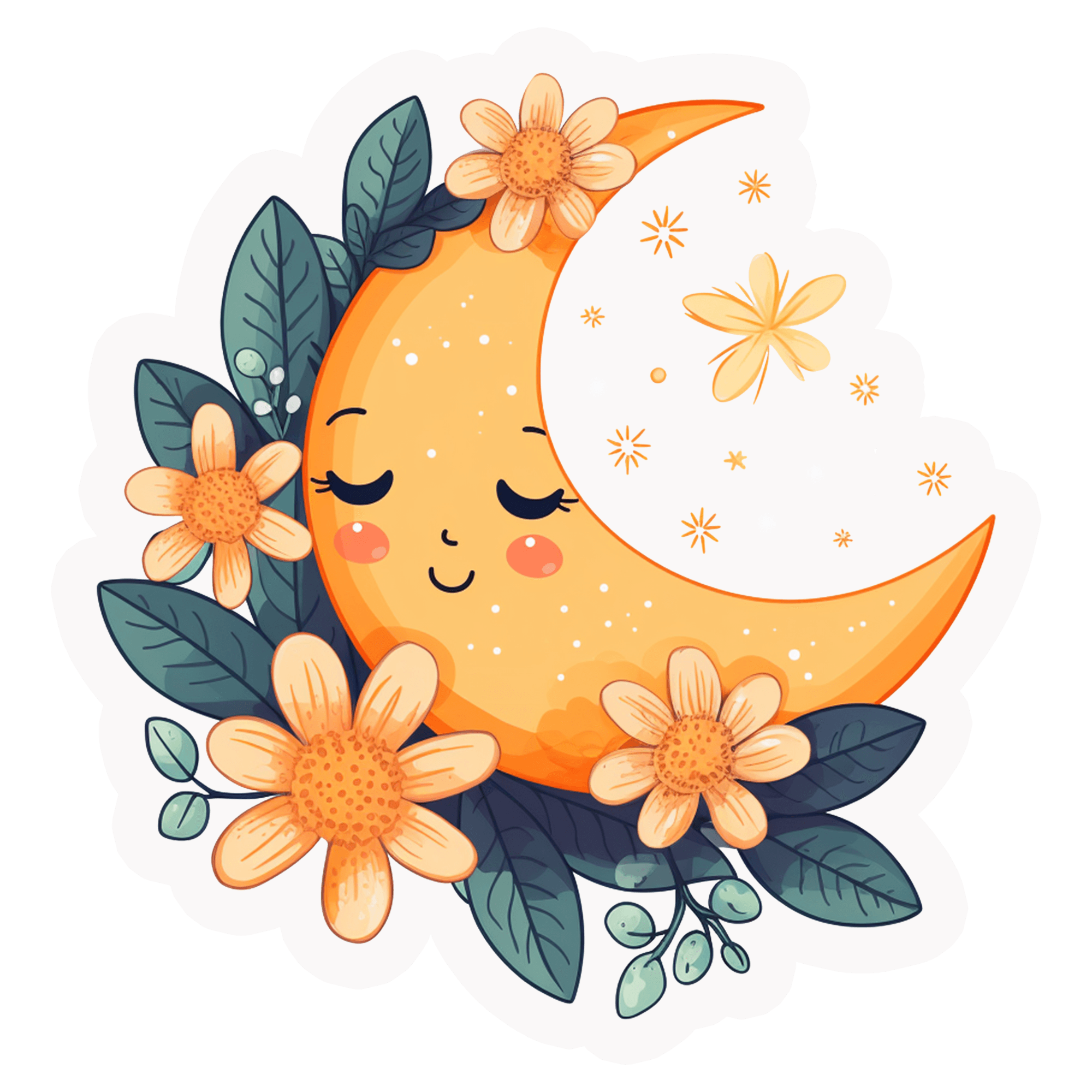 Sleepy Golden Moon & Wildflowers Sticker
