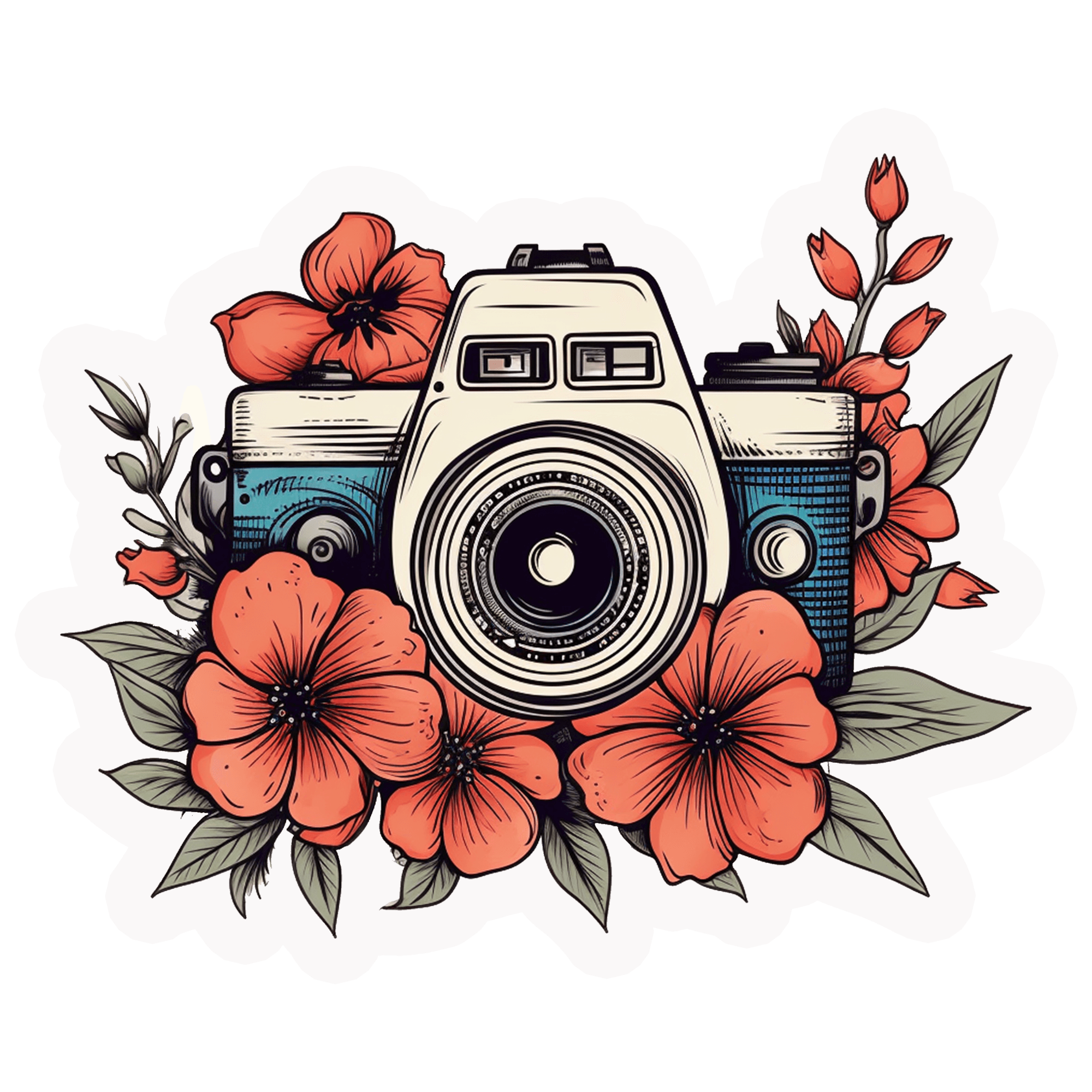 Vintage Camera & Coral Hibiscus Sticker