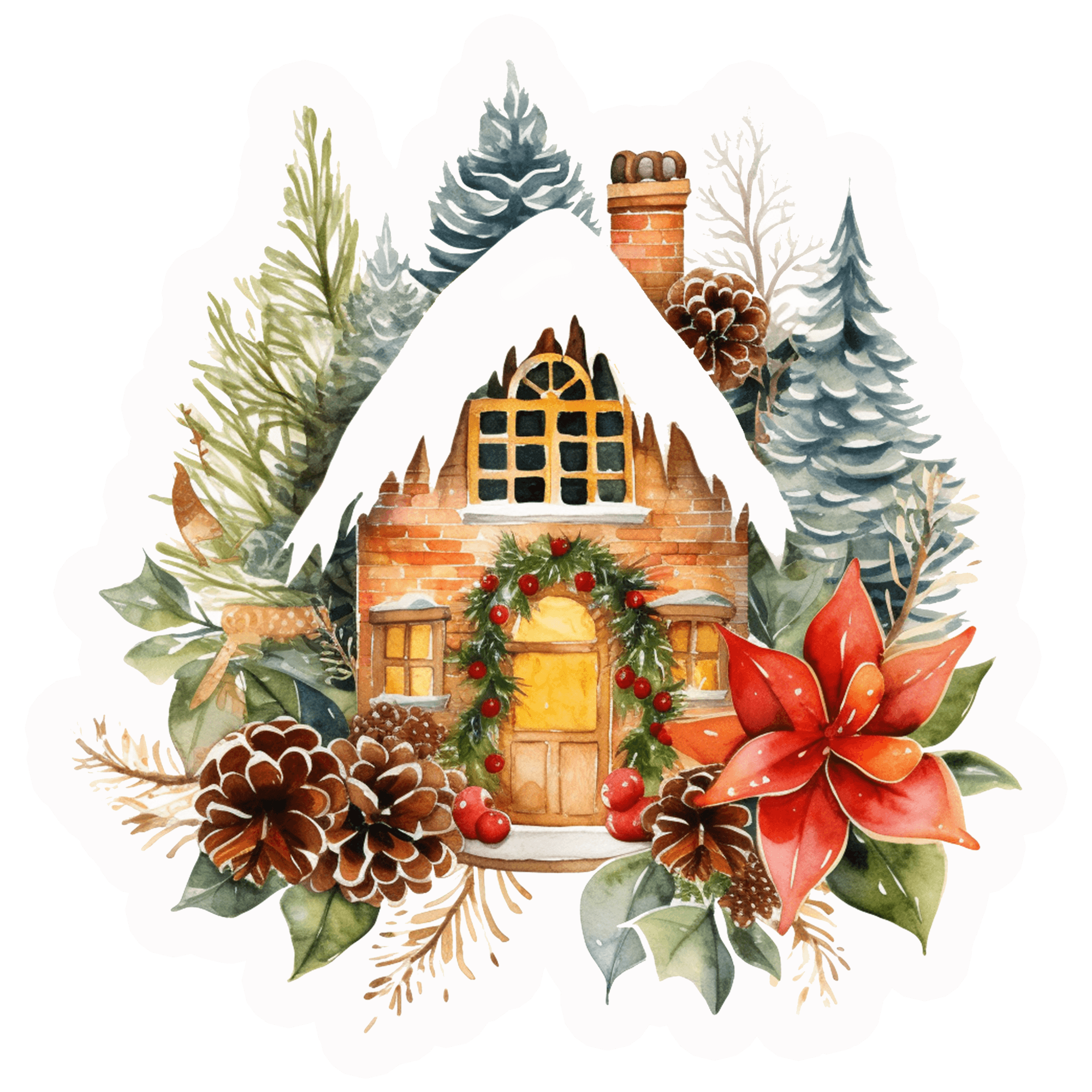 Snowy Brick Cottage Christmas Sticker