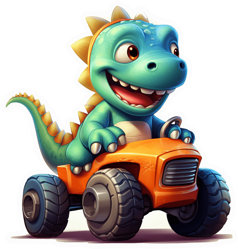 Grinning Dino Driving an Orange Monster Truck Sticker