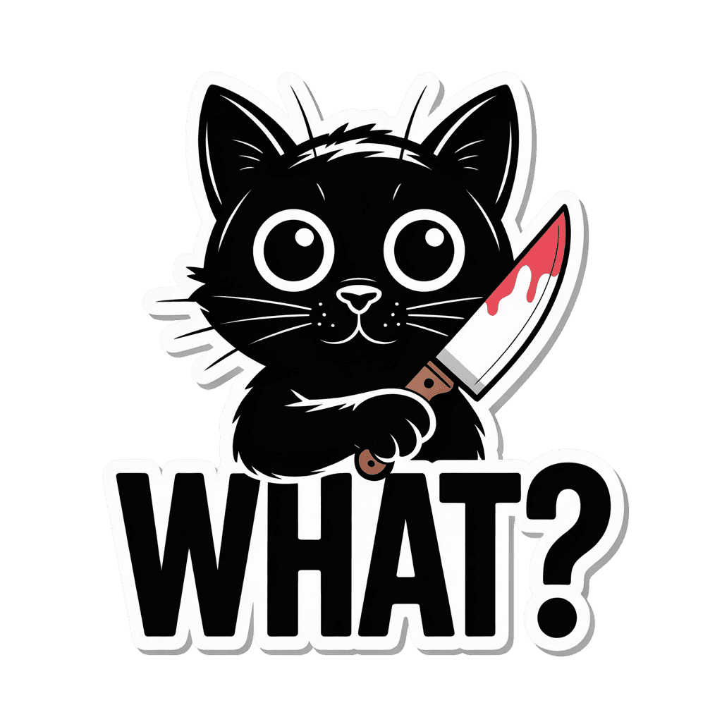 Innocent Black Cat With Bloody Knife 'WHAT?' Sticker