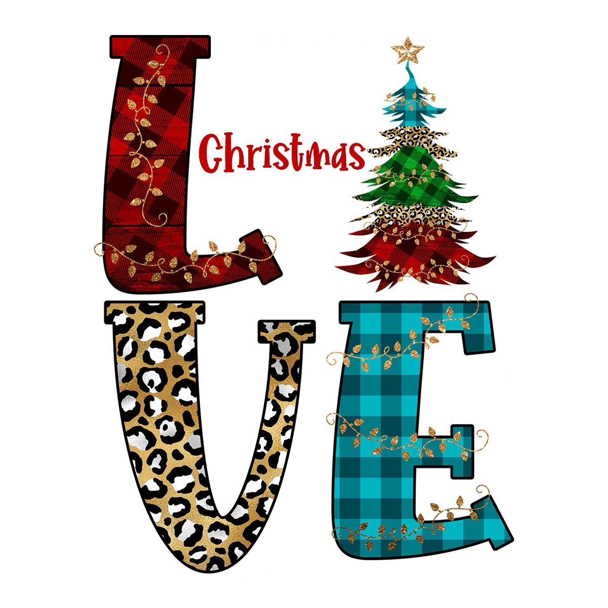 LOVE Christmas Buffalo Plaid & Leopard Print Sticker