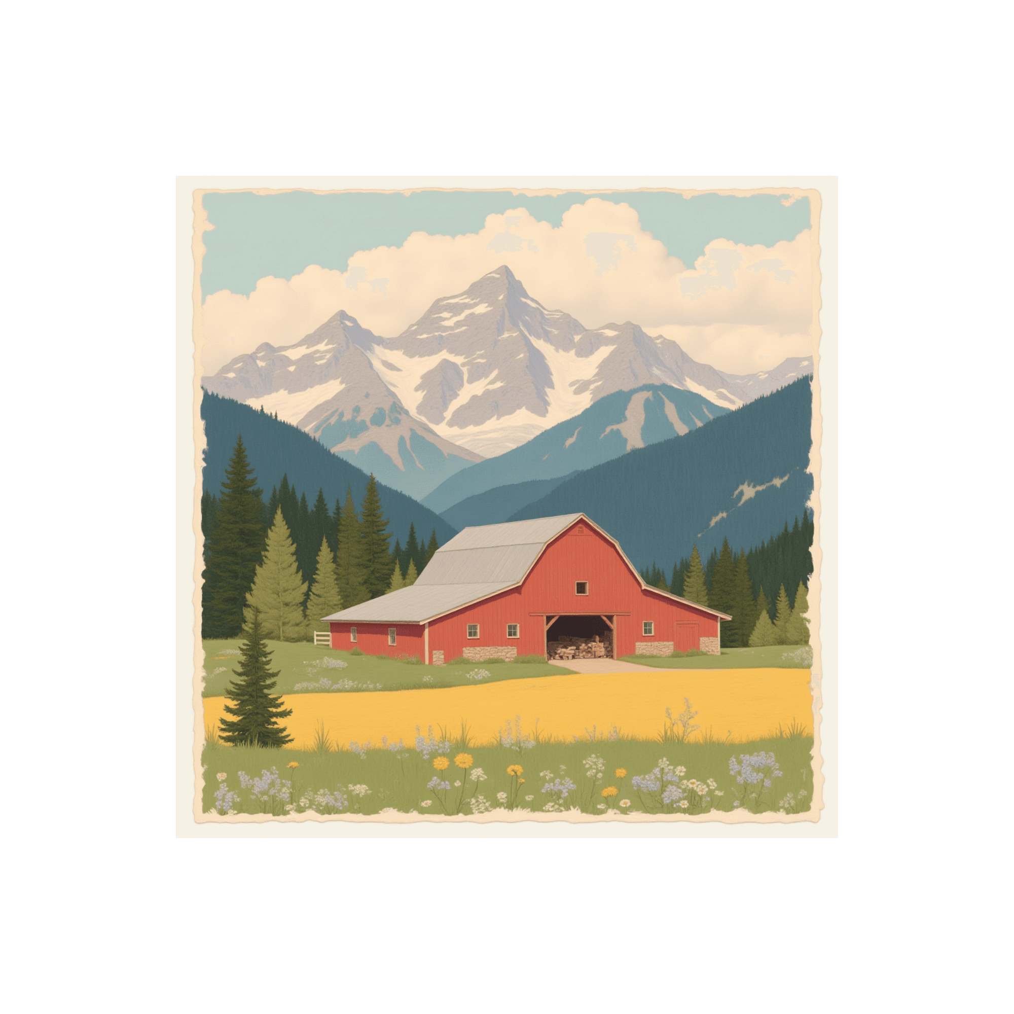 Red Barn & Snowy Peaks Sticker